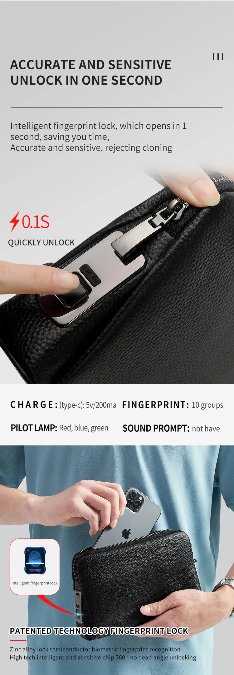 Men’s Fingerprint Lock Handbag – Secure Anti-Theft Wallet Bag