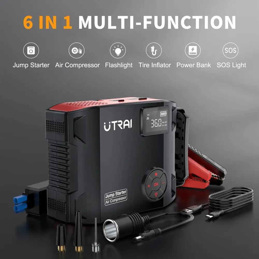 Portable 6000A Car Jump Starter with Air Compressor – 150 PSI Tire Inflator