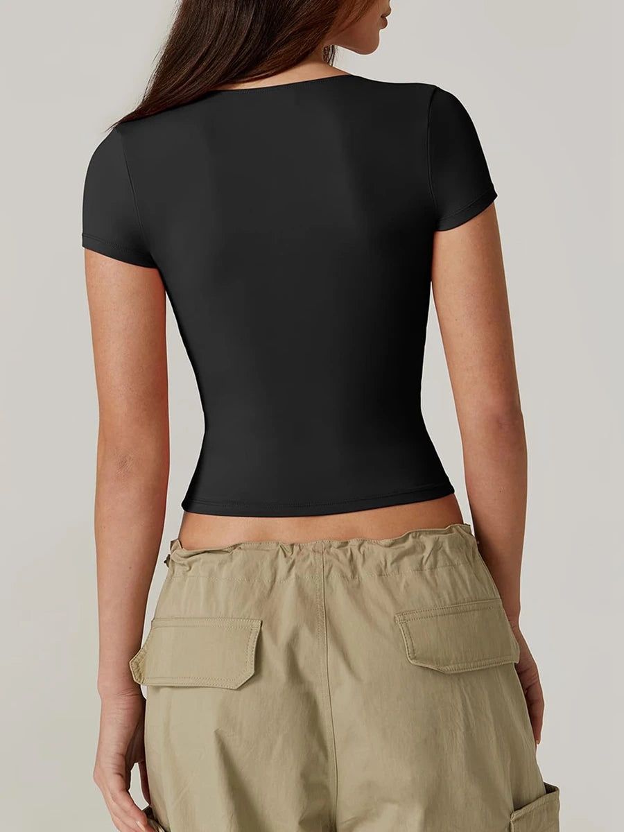 Women’s Solid Color Sweetheart Neck T-Shirt – Short Sleeve Summer Top
