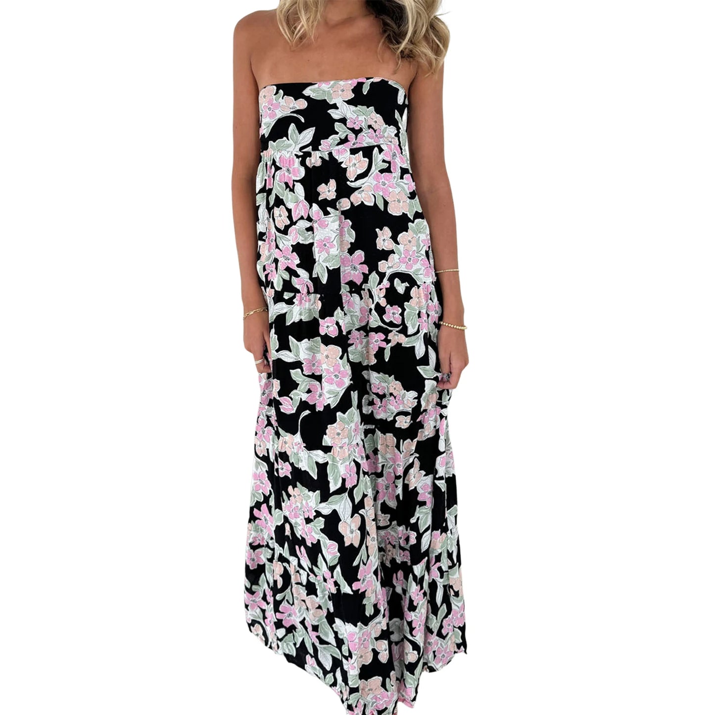 Women’s Off-Shoulder Boho Floral Maxi Dress – Lace-Up Back Summer Party Outfit
