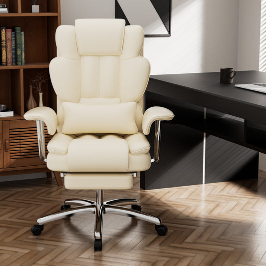 Big & Tall Executive Office Chair with Footrest – Ergonomic High-Back Reclining Leather Computer Chair for Home Office, Beige