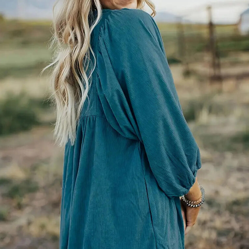 Women’s Corduroy Empire Waist Mini Dress – Button-Up 3/4 Sleeve Fall & Winter Dress