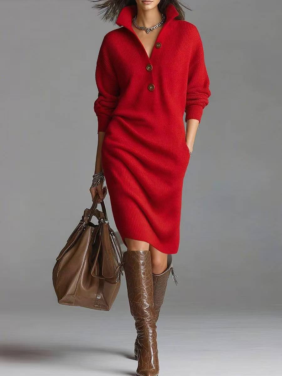 Women’s Winter Sweater Dress – Warm V-Neck Pullover with Button Detail