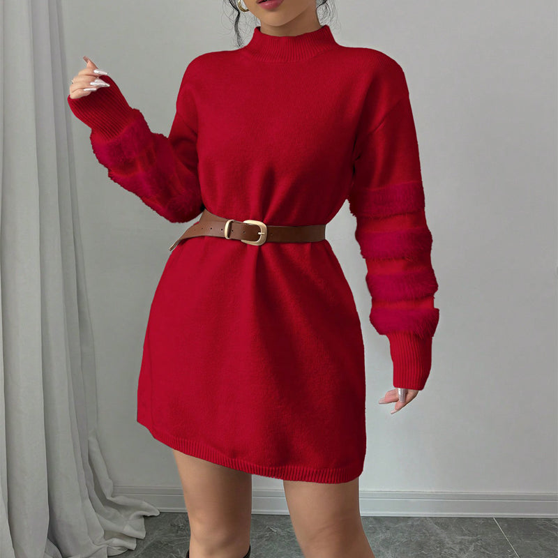 Women’s Plush Long Sleeve Mini Dress – A-Line Fitted Winter Party Dress with Faux Fur Trim