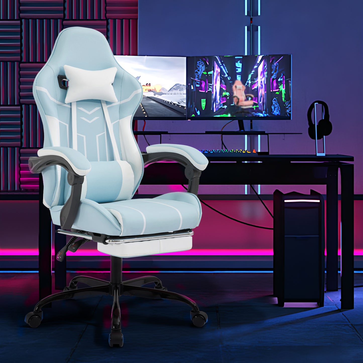 Gaming Chair, Computer Chair Ergonomic Chair With Footrest Office Chair Ergonomic Computer Chair With Lumbar Backrest Bluewhite