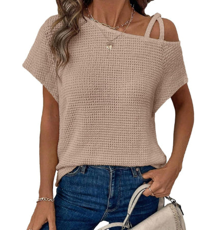 Women’s Solid Color Off-Shoulder Knit T-Shirt – Short Sleeve Casual Top