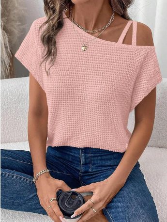 Women’s Solid Color Off-Shoulder Knit T-Shirt – Short Sleeve Casual Top
