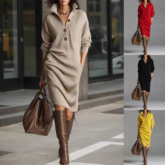Women’s Winter Sweater Dress – Warm V-Neck Pullover with Button Detail