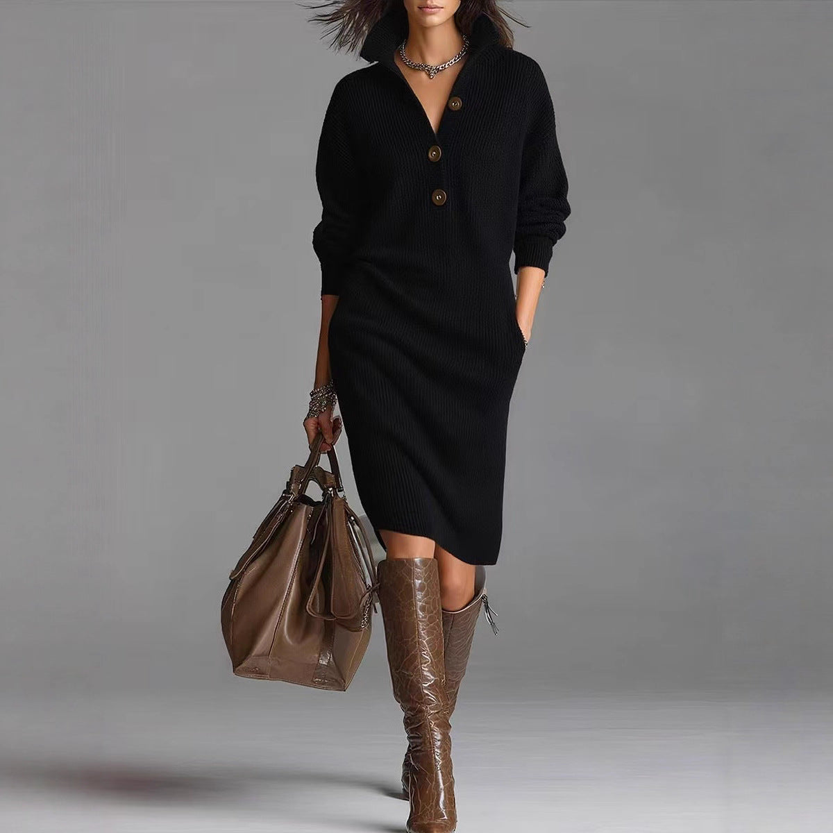 Women’s Winter Sweater Dress – Warm V-Neck Pullover with Button Detail