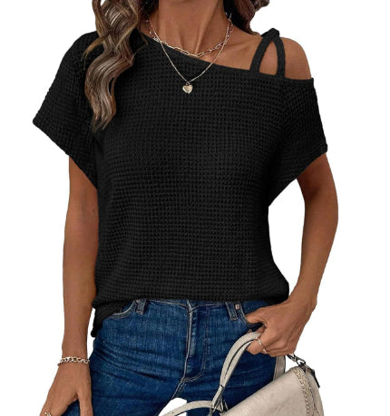Women’s Solid Color Off-Shoulder Knit T-Shirt – Short Sleeve Casual Top