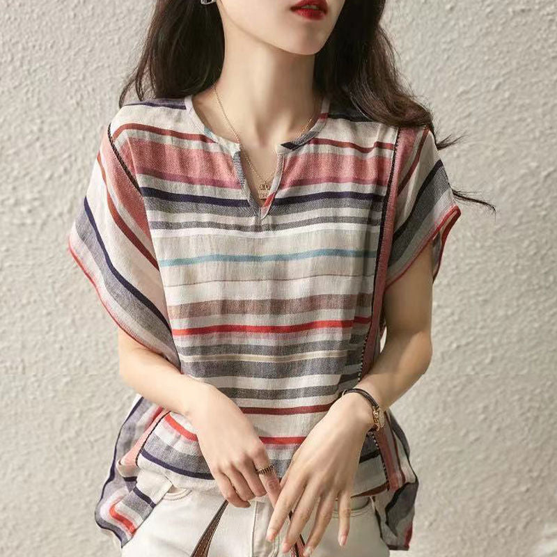 Women’s Striped Short Sleeve Shirt – Loose Fit Casual Summer Top